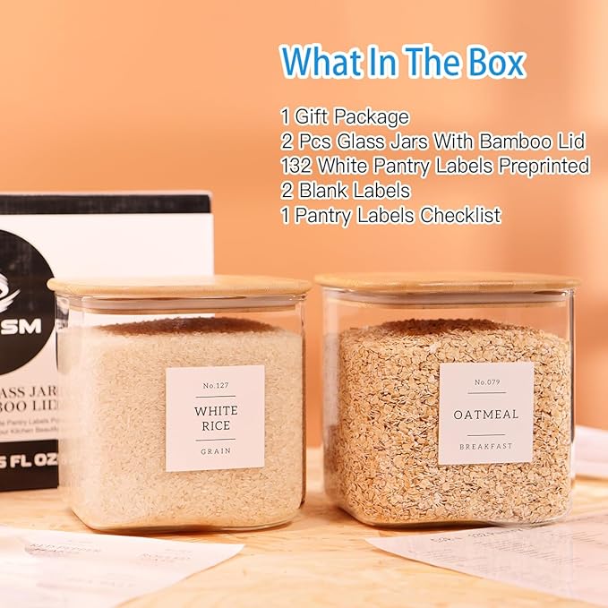 2 Pack Square Glass Flour and Sugar Containers with 132 Kitchen Pantry Labels - Thicken 85 FL OZ Large Glass Storage Jars with Airtight Bamboo Lid - Big Food Canisters for Cookies, Candy, Tea, Coffee
