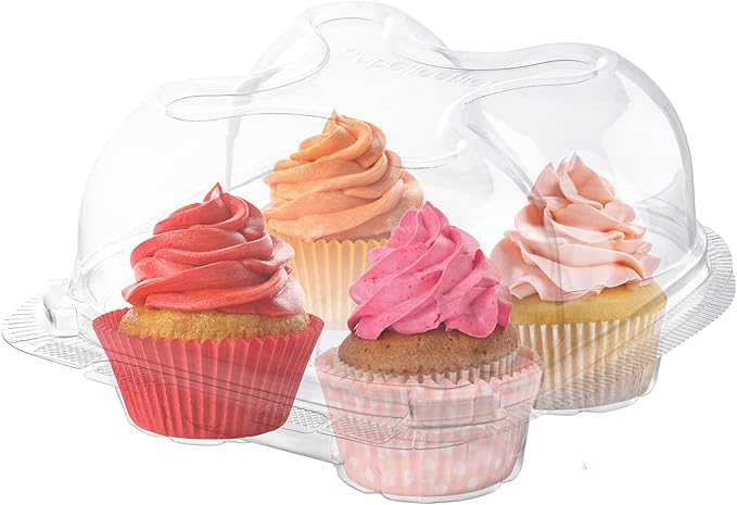 Plastic Cupcake Containers Boxes | 4 Compartment – 50 Pack | Disposable High Dome Cupcake Holder With Lid Bulk | Extra Sturdy And Stackable Cupcake Boxes | Durable Muffin Packaging Transporter To Go