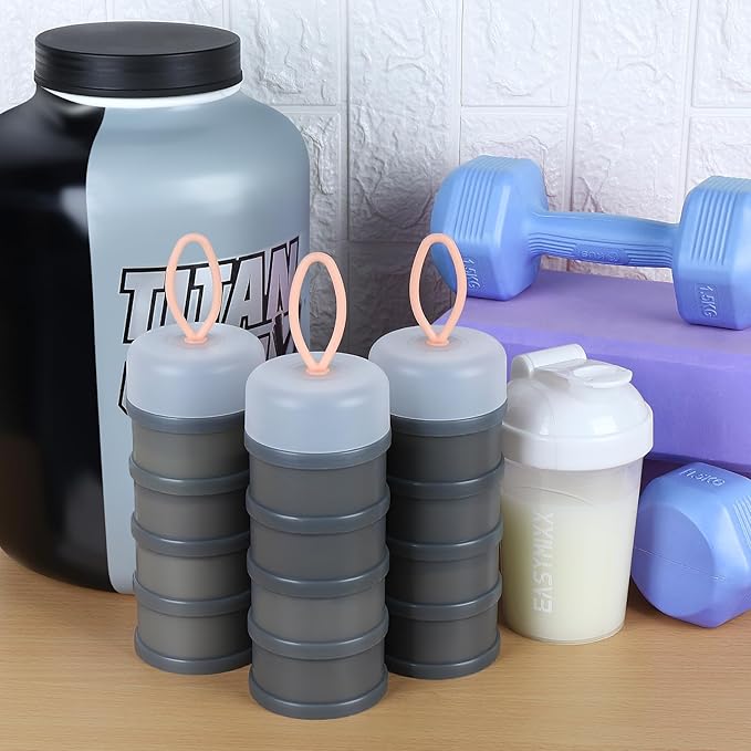 Accmor 3 Pcs Protein Powder Container to Go with Funnels Stand, 4 Compartments Stackable Protein Powder Dispenser for Workout, Fitness, Travel