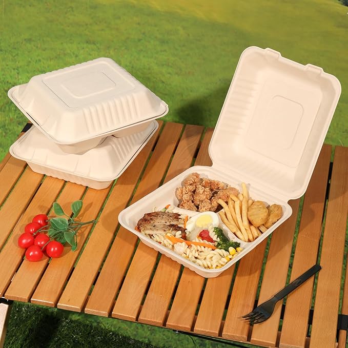 Aricsen 50 Pack 3 Compartment Compostable 8x9 Inch Takeout Lunch Box Containers with Lid To Go Take Out Clamshell for Food, Disposable Eco-Friendly Biodegradable Bagasse, PFAS-Free, Brown