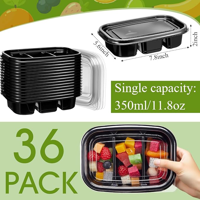 Chunful 36 Pcs 3 Compartment Black Snack Containers with Lids Disposable Bento Box Plastic Food Meal Prep Containers for Condiment Salad Dipping School Work Lunch