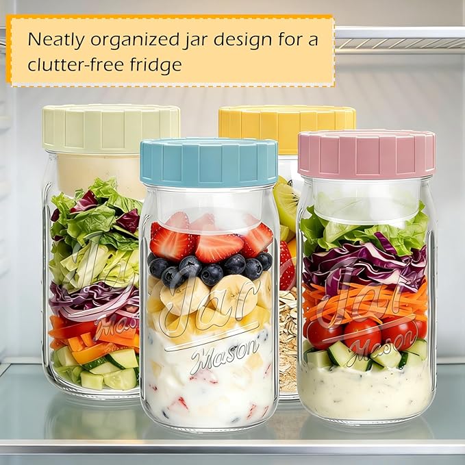Accguan 32oz Glass Salad Jars with Lids Meal Prep, Leakproof Container Mason Jars for Lunch, Two Small Built-in Boxes with Wet/Dry Separation for salad Dressing and Dry Ingredients, salads Pod,12 Pack