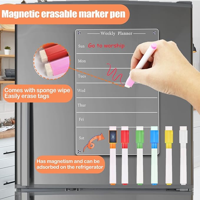 8"x12" Clear Weekly Meal Planner Magnetic Acrylic Board,Acrylic Magnetic Dry Erase Board for Fridge, Magnet Week Calendar for Refrigerator Includes 6 Colors Markers
