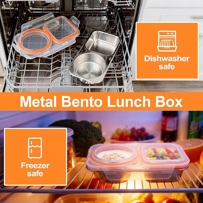 3 Pack Stainless Steel Snack Containers, 2 Compartment Stainless Steel Lunch Box with Lids, Leakproof Reusable Metal Bento Box for Meal Prep Food Storage & Travel Picnics Work