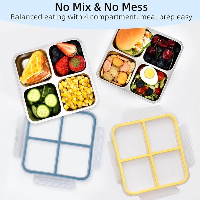 Stainless Steel Snack Containers with Lids, 4 Pack 4 Compartment Meal Prep Containers, Reusable Bento Box with Assorted Colors, Food Storage for Lunch, Work (Pink/Blue/Orange/Yellow)