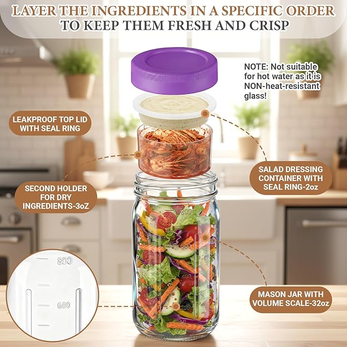 6 Pack 32oz Glass Salad Jars with 2 Dressing Cups & Leak Proof Lids - Meal Prep Containers for Lunch, Wet Dry Separation Container for Work Office Picnic, Overnight Oats(Pastel Color)