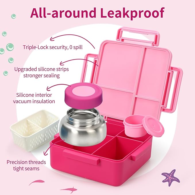 Bento Box for Kids with Thermos, [Large Capacity] Insulated Kids Lunch Box with 4 Compartment for Ages 3+, Drop-Proof & Dishwasher Safe Lunchbox Container Pink