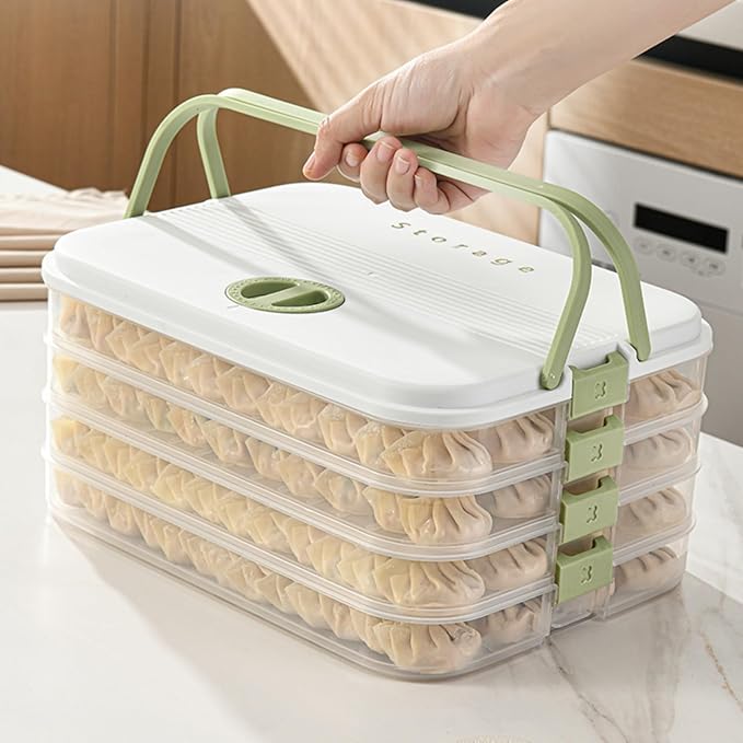 Dumplings Storage with 4 Layers, Stackable with Buckle, Lid & Handle for Cookies Wonton Donuts Box Organizer For Fridge, White-Green