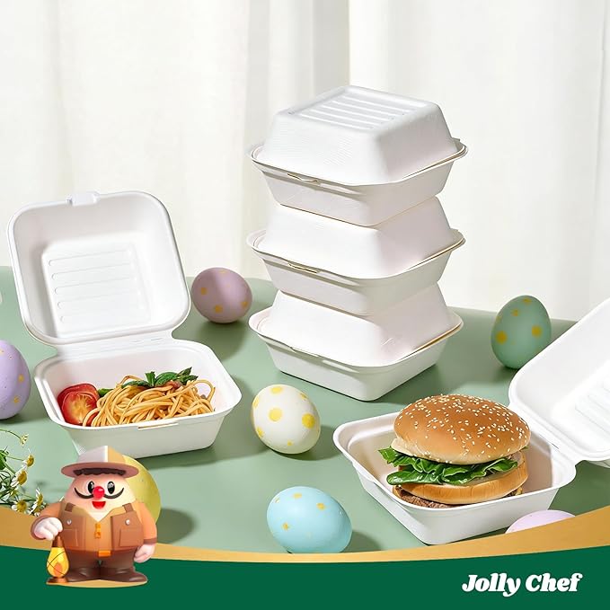 JOLLY CHEF Clamshell Take Out Food Containers, [6 * 6" 200-Pack] To Go Containers Disposable, Sugarcane To Go Boxes for Salad,Lunch