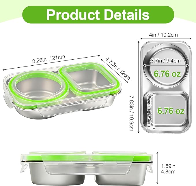 4 Pack Stainless Steel Snack Containers with Lids, 13oz 2 Compartment Reusable Snack Boxes, Leakproof Metal Bento Lunch Box Divided Food Storage Containers for Travel, Home, Work