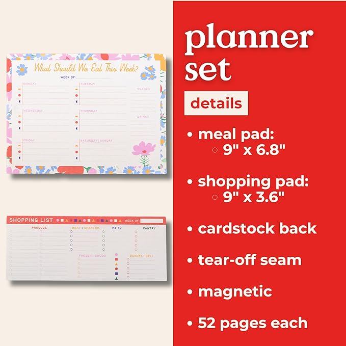 ban.do Magnetic Meal Planning and Shopping List Notepad Set, 9 x 6.8 inch Weekly Menu Planner, 9 x 3.6 inch Grocery List, Set of 2