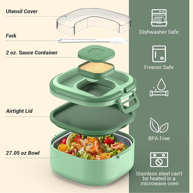 PEDECO Single-Layer Bento Lunch Box for Kids & Adults with Removable Stainless Steel Lunch Container,Dressing Container,BPA-Free,Dishwasher Safe - Includes Utensil(Green,Not Insulated)