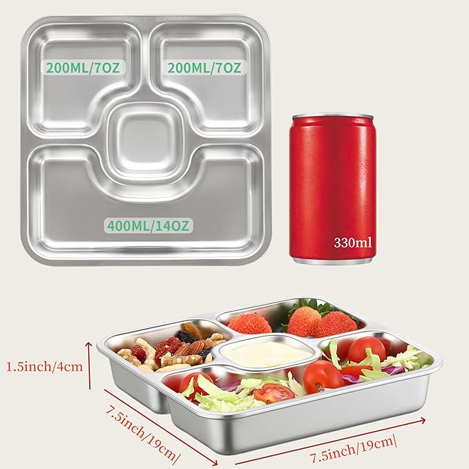 BEFOY Stainless Steel Snack Containers with Lids 4 Pack Lunchable Meal Prep Containers Reusable Meal Prep Lunch Containers for Adult Divided Stackable Bento Lunch Box for Home Travel (1, Gray, Large)