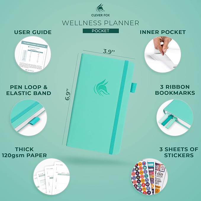Clever Fox Wellness Planner - Weekly & Daily Health and Wellness Log, Food Journal & Meal Planner Diary for Calorie Counting, Notebook for Medical Condition Tracking – Pocket size (Turquoise)