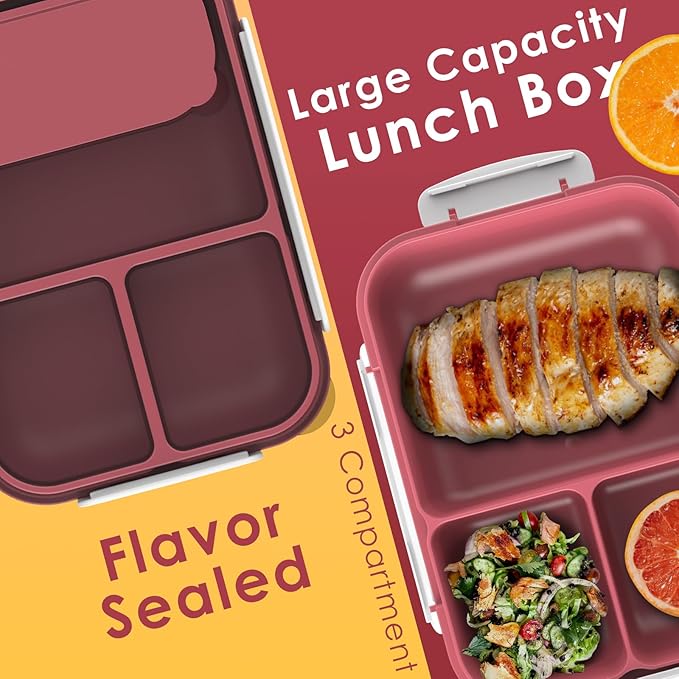 WHALEHOUSE Large Capacity Bento Box for Adult, 1700ML 3 Compartments Lunch Box with Utensil, Airtight Food Container with Lids for Meal Prep, Microwave/Dishwasher/Freezer Safe, On the Go (Red)