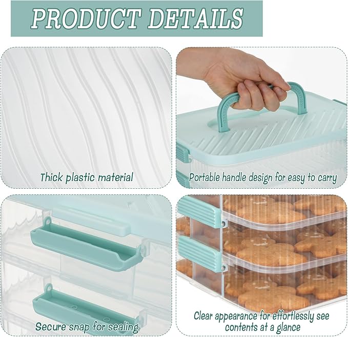 4-Layer Stackable Cookie Airtight Storage Containers with Lids, Portable Plastic Cookie Storage Case Snack Containers for Desserts, Cupcakes, Snacks, Dumplings, Fruit- Blue Lid