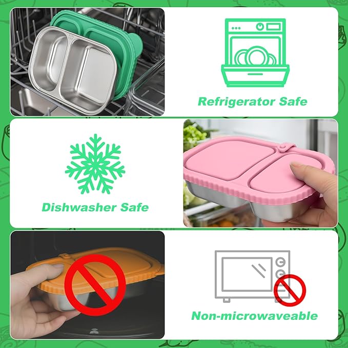 Palksky Snack Containers with Silicone Lids, Stainless Steel 2 Compartment Snack Box for Adults, Reusable Snackle Box Container with Utensil Clip, Snack Prep Containers for Travel & Office (3 Packs)