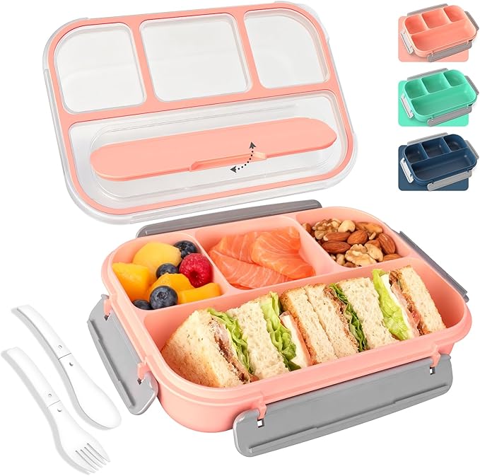 WHALEHOUSE Bento Lunch Box, 1000ML 4 Compartments Meal Prep Container with Utensil, Airtight Food Storage Container with Snap Locking Lids, Microwave/Dishwasher/Freezer Safe, On the Go