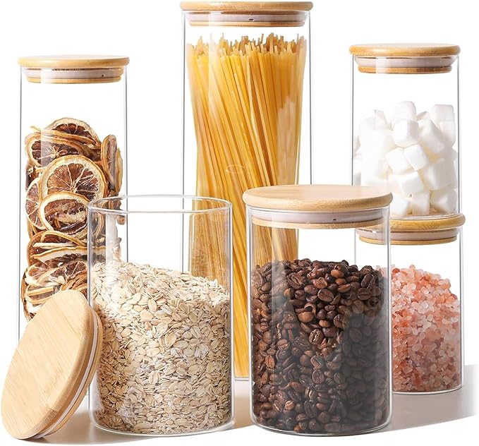 ComSaf Glass Food Storage Jars Set of 6, Clear Glass Storage Containers with Lids, Canisters Sets for the kitchen, Spaghetti, Pasta, Flour, Nuts, Oat, Coffee and Sugar Container, Pantry Organization