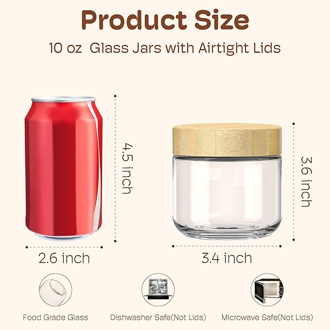 2 pack 10oz Overnight Oats Containers with Bamboo Lids, Glass Jars with Airtight Lids for Meal Prep, Wide Mouth Mason Salad Jars, Glass Food Storage Container for Yogurt Chia Snacks Spice Sugar