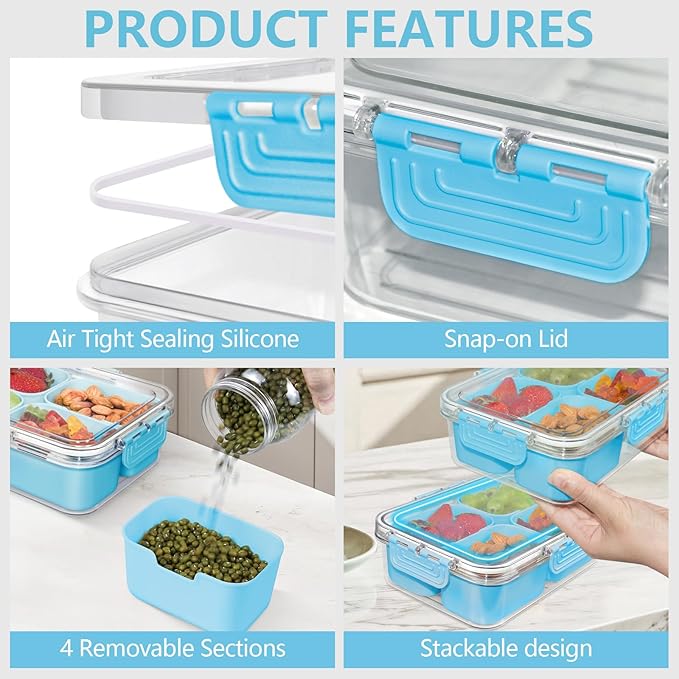 Small Snack Box Container, Divided Serving Tray with Lid, 4 Compartment Snack Box Container for Candy, Fruits, Charcuterie, Travel & Parties, BPA-Free, 2 Pack (Hand Wash Only)