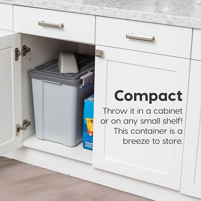IRIS USA Stackable Dog Food Storage Container with 2 Cup Scoop, 4 Secure Latches, Fits up to 30 lbs, Pet Dry Food Bin, Gasket Seal Lid, BPA Free, Stackable, Easy Measure, Gray/Dark Gray
