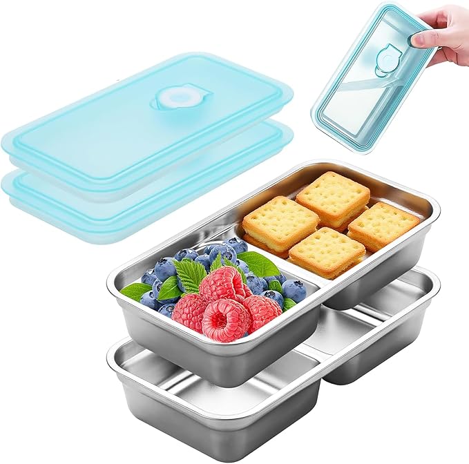 Stainless Steel Snack Containers Reusable with Lid, Grab and Go 2 Compartment Snack Food Storage Containers for School Travel and Outdoor Camping Dishwasher Safe (2)
