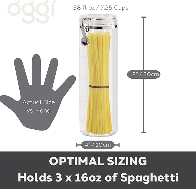 Oggi Tall Clear Canister with Clamp Lid, 58 oz - Large Airtight Food Storage Container, Ideal for Kitchen & Pantry Storage of Bulk, Dry Foods Including Pasta & Spaghetti