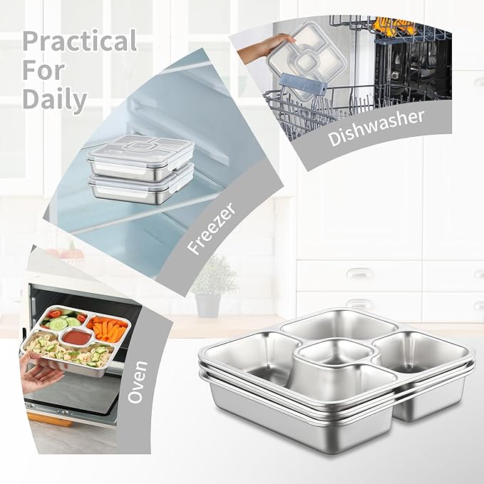 BEFOY Stainless Steel Snack Containers with Lids 4 Pack Lunchable Meal Prep Containers Reusable Meal Prep Lunch Containers for Adult Divided Stackable Bento Lunch Box for Home Travel (1, Gray, Large)