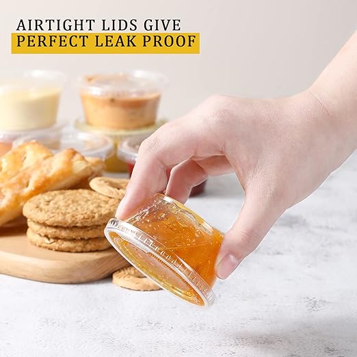 VITEVER [120 Sets - 3.25 oz ] Portion Cups With Lids, Small Plastic Containers with Lids, Airtight and Stackable Souffle Cups, Jello Shot Cups, Sauce Cups, Condiment Cups for Lunch, Party, Trips