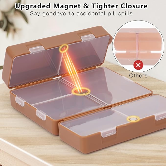 FYY Daily Pill Organizer,2 Pcs 7 Compartments Portable Pill Case Travel Pill Organizer,[Folding Design] Pill Box for Purse Pocket to Hold Vitamins,Cod Liver Oil,Supplements and Medication-Brown