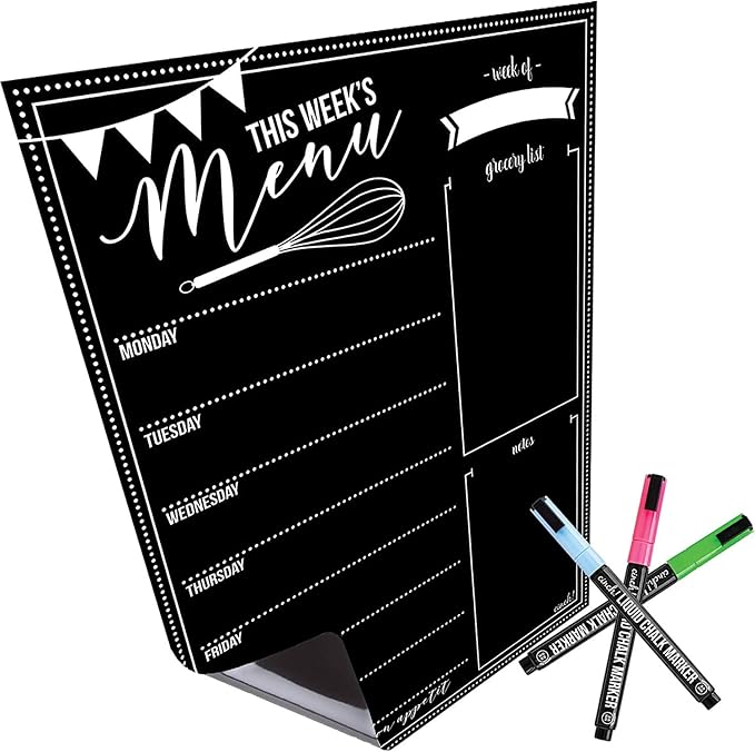 Cinch! 16x12-Inch Chalkboard Weekly Menu - Magnetic Meal Planner Board for Refrigerator - Reusable Black Menu Board with 3 Neon Liquid Chalk Markers - Weekly Food Planner for Kitchen Organization