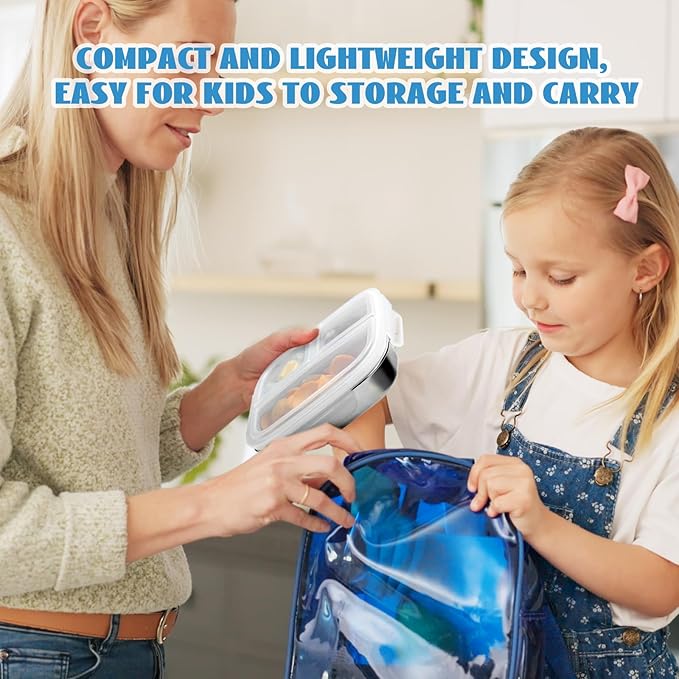 Stainless Steel Snack Containers for Kids, 3 Compartments Reusable on the go Bento Box with Lids, Lunch Box Pre Meal Storage for School Office Outdoor Camping Travel - White
