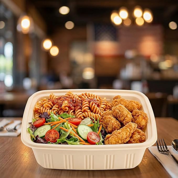 100 Piece (50 Pack) Meal Prep Containers with Lids,32 oz Resuable Cornstarch Material Salad Containers, Plant-based Lunch Boxes, Plastic Take Out Bowls BPA Free, Microwave Freezer Safe, Stackable