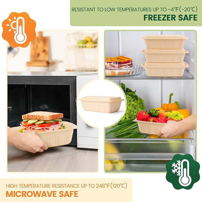 100 Piece (50 Pack) Meal Prep Containers with Lids,32 oz Resuable Cornstarch Material Salad Containers, Plant-based Lunch Boxes, Plastic Take Out Bowls BPA Free, Microwave Freezer Safe, Stackable