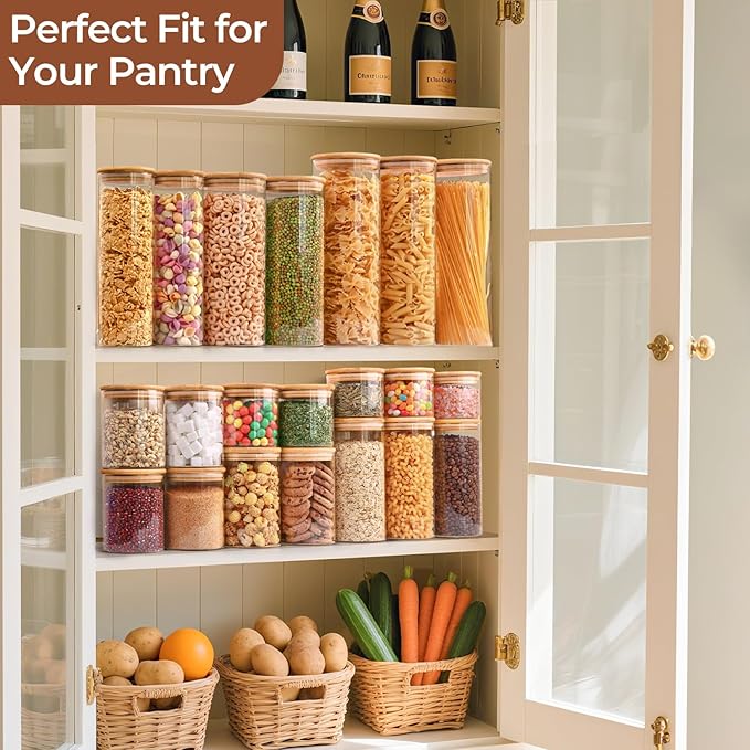 ComSaf 0.8 Qt Glass Food Storage Jars Set of 6, Clear Glass Storage Containers with Lids, Pantry Organization Jar, Spice Jar, Blooming Tea, Coffee and Sugar Container, Small Canister Set for Kitchen