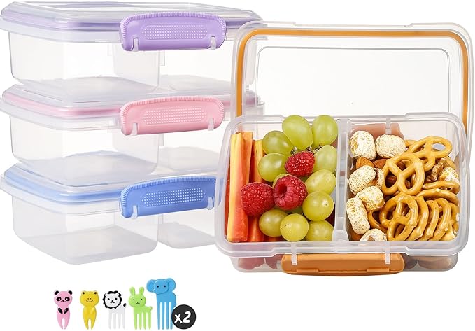 4 Pack Plastic Snack Containers with Lids, 2 Compartment Food Container for Kids Snack Box, Travel Bento Lunch Containers with forks for Fruits/Candies, Divided Food Storage Containers for School