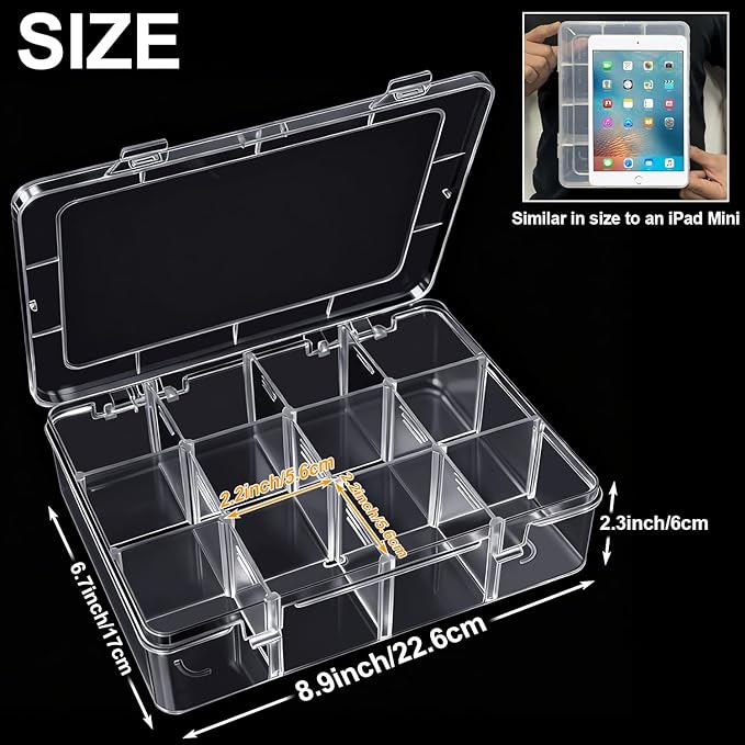 DUOFIRE Clear Plastic Bead Organizer Container Storage Box Adjustable Dividers Removable Grid Compartment for Jewelry Beads Earring Container Tool Fishing Hook Small Accessories(12 Grids)