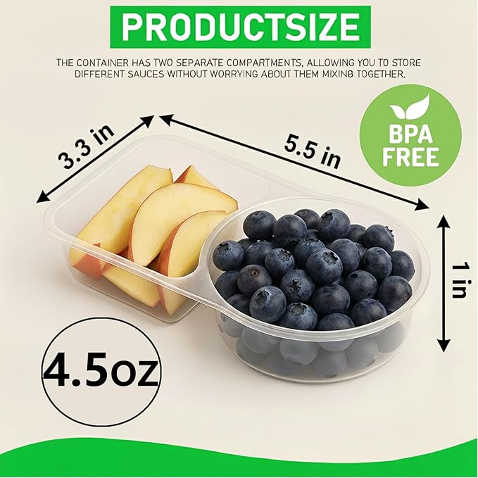 50 Sets 4.5 Oz Reusable snack containers with lids, Disposable Double Compartment Plastic Container for Sauce Snack,Condiment Container with Lid,Snacks Box Meal Prep Travel
