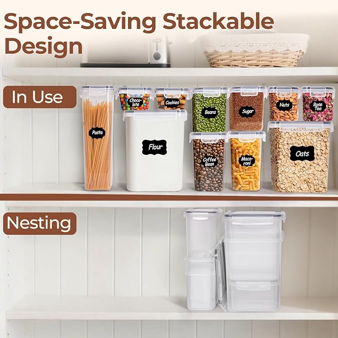 ComSaf Airtight Food Storage Containers with Lids, 11 Pcs Canisters Sets for the Kitchen, Plastic Pantry Organizers and Storage for Cereal, Flour, Sugar,Kitchen Storage Containers Include Labels