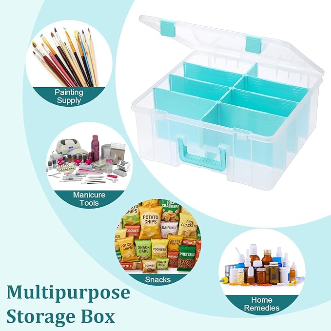 BTSKY Clear Plastic Dividing Storage Box with 8 Deep Compartments Adjustable Storage Bin with Lid Portable Craft Storage Container Multipurpose Sewing Box Art Supply Organizer, 15.1x13.9x6.1 Inches