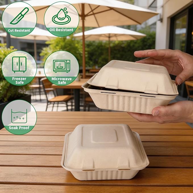 Aricsen Compostable 100 Pack 8×9 Inch Takeout Lunch Box Containers with Lid To Go Take Out Clamshell for Food, Disposable Eco-Friendly Biodegradable Bagasse, PFAS-Free, Brown
