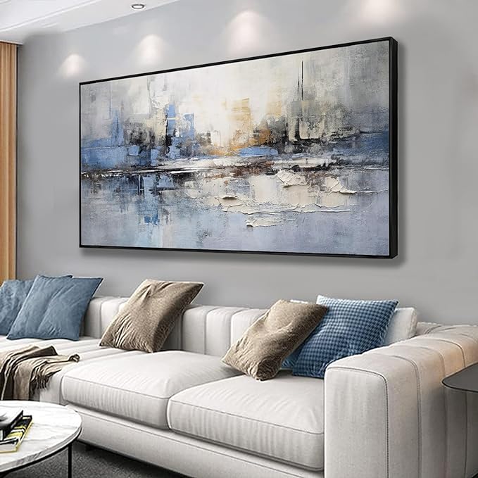 Abstract wall Art Framed Artwork Blue and Gray White Decor Modern Canvas Wall by VHMING