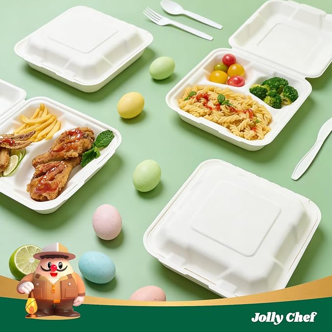 JOLLY CHEF Disposable Clamshell Take Out Food Containers, [8 * 8" 50-Pack] 3-Compartment Sugarcane Clamshell Takeout Boxes, 50-Pack To Go Boxes for Restaurants & Meal Prep