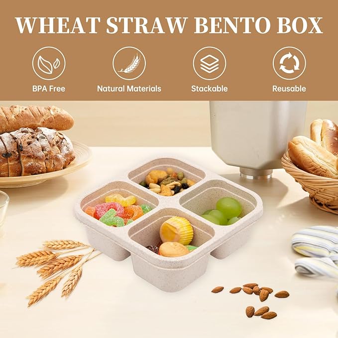 4 Pack Bento Lunch Box，4 Compartment Snack Containers，Divided Bento Snack Box，Meal Prep Containers Kids/Toddle/Adults,Food Storage Containers for School, Work and Travel