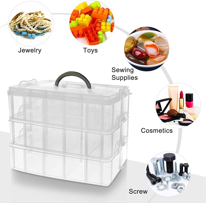 Guyuyii 3-Tier Stackable Bead Organizer with Adjustable Dividers - 30 Compartments Plastic Storage Box for Washi Tape, Lego Pieces, Rock Collection & Sewing Threads - Portable Craft Case with Handle