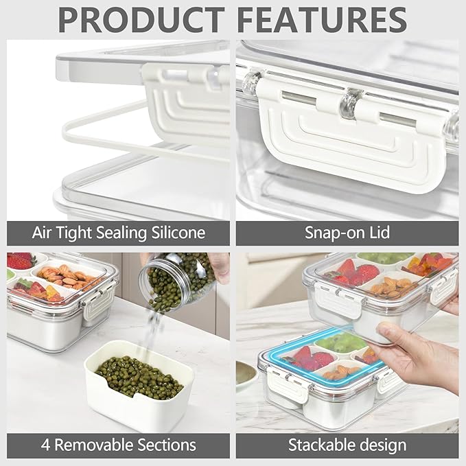 Small Snackle Box Container, Divided Serving Tray with Lid, 4 Compartment Snack Box Container for Candy, Fruits, Charcuterie, Travel & Parties, BPA-Free (Hand Wash Only)