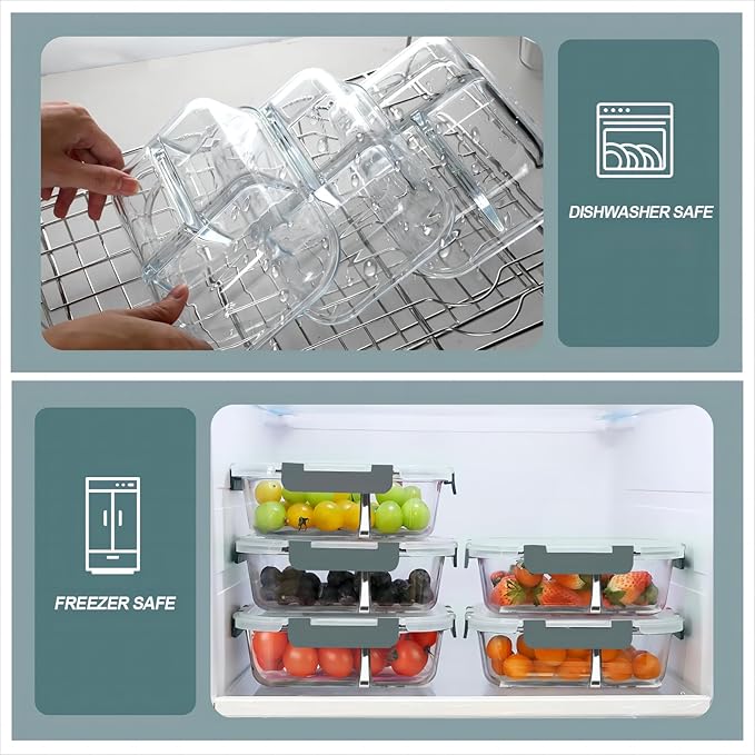 KOMUEE Glass Meal Prep Containers 3 Compartments, 5 Pack 36 oz, Glass Food Storage Containers with Lids, Airtight Lunch Bento Box, Portion Control, Freezer and Microwave Safe