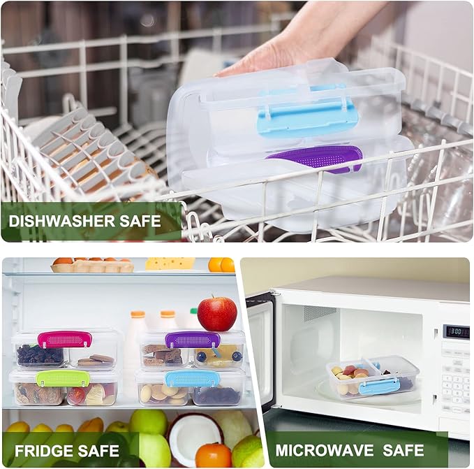 4 Pack Plastic Snack Containers with Lids, 2 Compartment Food Container for Kids Snack Box, Travel Bento Lunch Containers with forks for Fruits/Candies, Divided Food Storage Containers for School