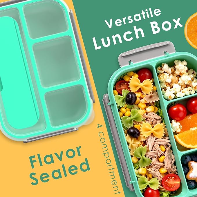 WHALEHOUSE Bento Lunch Box, 1300ML 4 Compartments Meal Prep Container with Utensil, Airtight Food Storage Container with Snap Locking Lids, Microwave/Dishwasher/Freezer Safe, On the Go